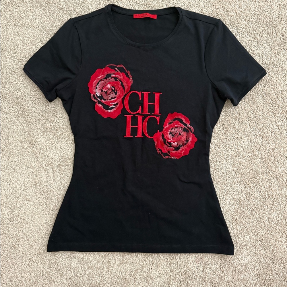 Carolina Herrera Black Short Sleeve with red floral appliqués